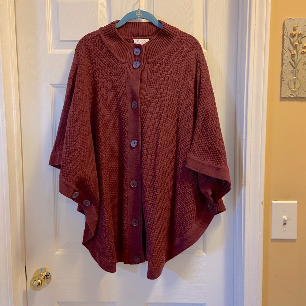 1X Wine Burgundy Denim & Co. Stand Collar Button Front Poncho Sweater NWOT
